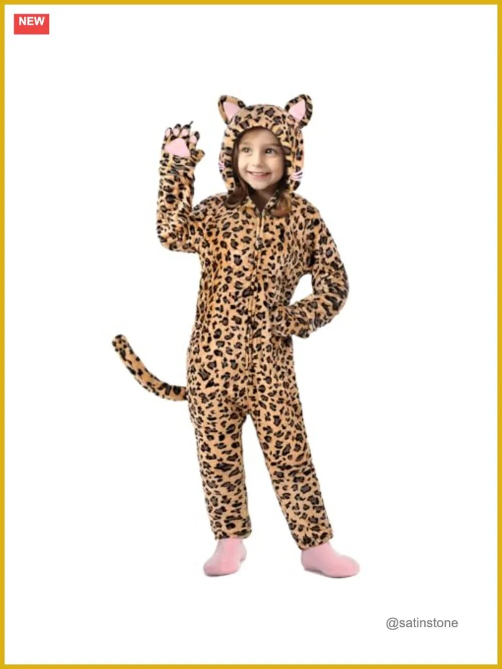 Kids Leopard Onesie Costume with Hood, Tail & Gloves, Zip-Up Fleece Animal